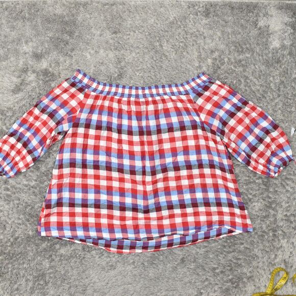 Lane Bryant Red and Blue Plaid Off-Shoulder Top - Picture 4 of 8